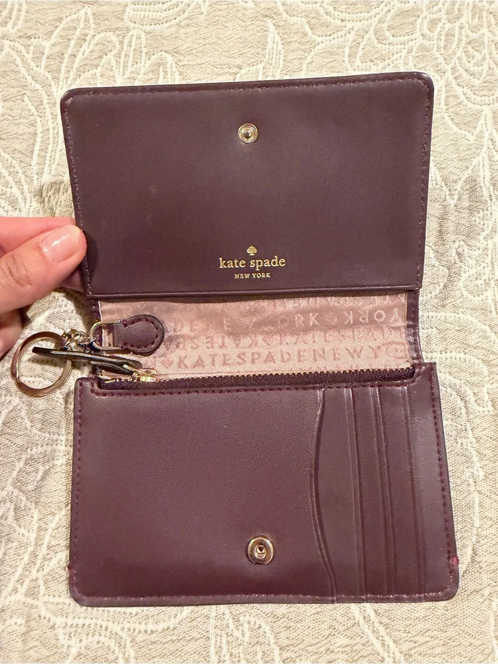 kate spade Plum Pebbled Leather Card Case with Gold Logo